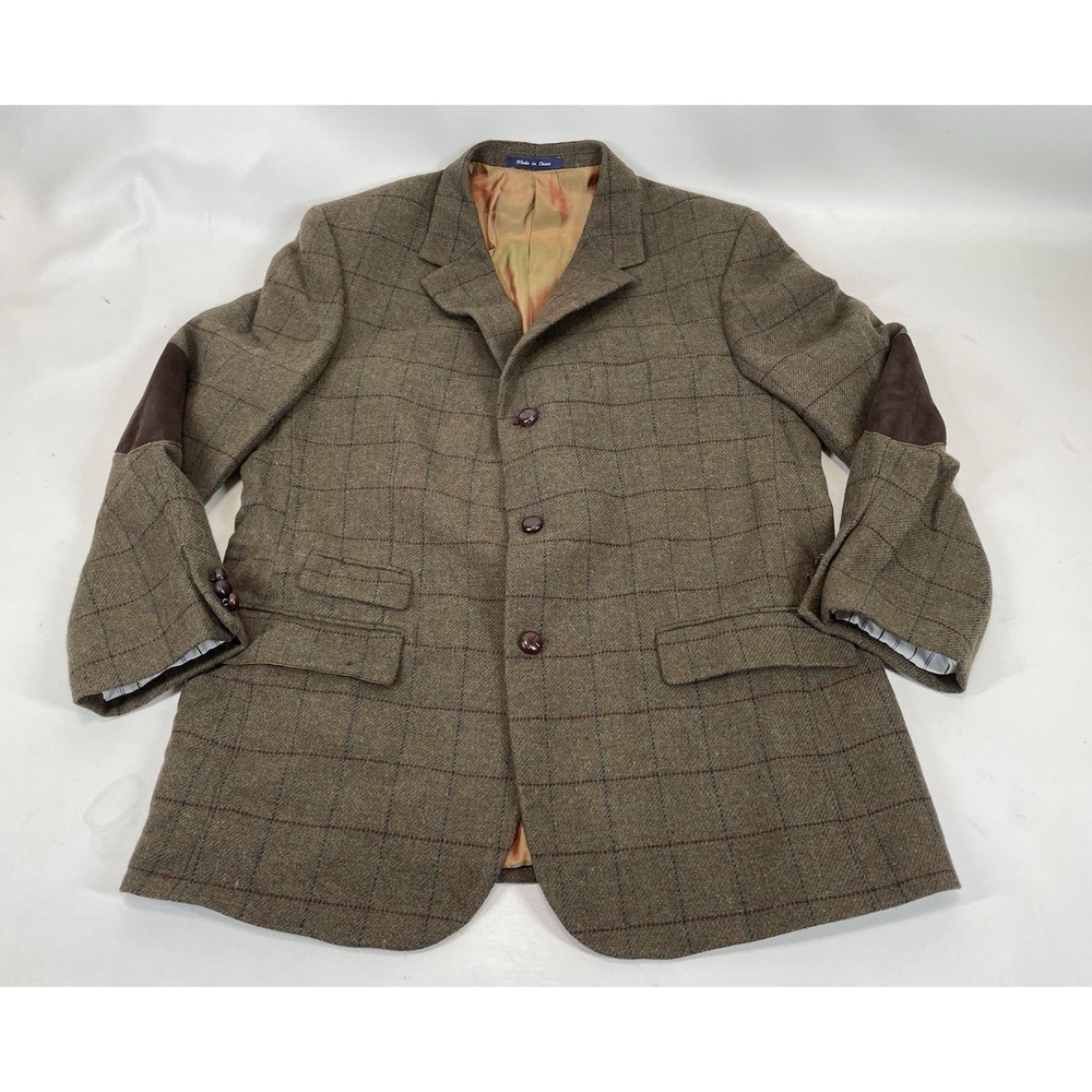 Alan Flusser Wool Blazer Windowpane Plaid Elbow Pads Mens Size 44R Brown